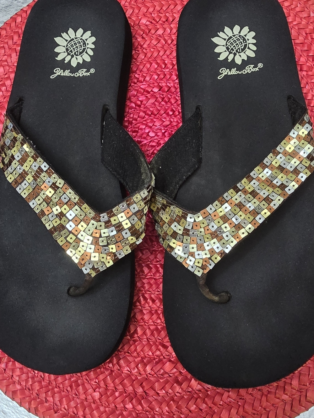 Yellow Box Black Flip Flop Sandals with Gold, Silver & Bronze Sequins